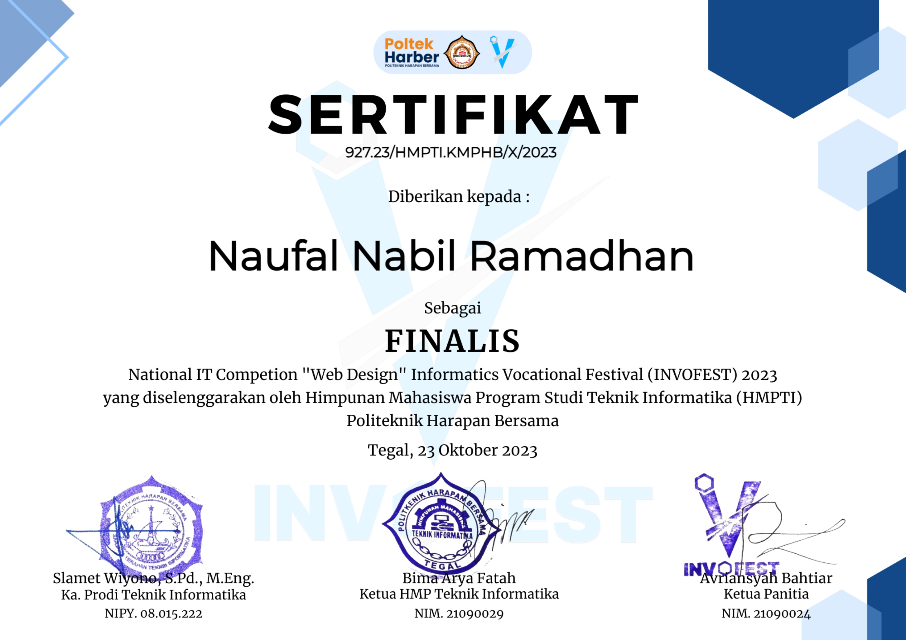 SERTIFIKAT Finalis Web Design Infovest